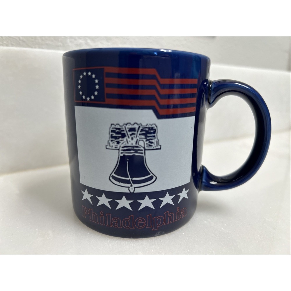 Vintage Liberty Bell Ceramic Coffee Mug Cup Blue Philadelphia Flag Stars USA 250